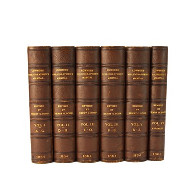 Lot 1155 - LOWNDES, William Thomas, Bibliographer's Manual of English Literature. New edn revised by Henry G Bohn. 6 vols 1864. Half brown morocco (6)