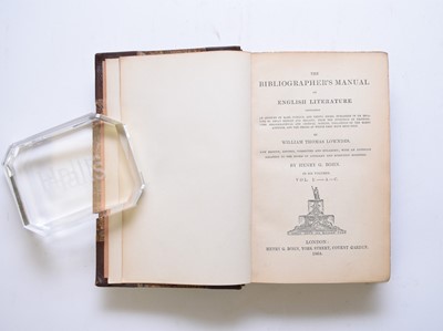 Lot 1155 - LOWNDES, William Thomas, Bibliographer's Manual of English Literature. New edn revised by Henry G Bohn. 6 vols 1864. Half brown morocco (6)