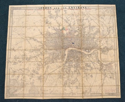 Lot 1162 - MAP OF LONDON and its Environs. James Wyld circa 1850. 1220mm by 1290mm. Dissected on linen. Scale 3.625 inches to a mile. Marked with levels taken by order of the Commissioner of Sewers