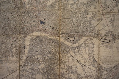 Lot 1162 - MAP OF LONDON and its Environs. James Wyld circa 1850. 1220mm by 1290mm. Dissected on linen. Scale 3.625 inches to a mile. Marked with levels taken by order of the Commissioner of Sewers