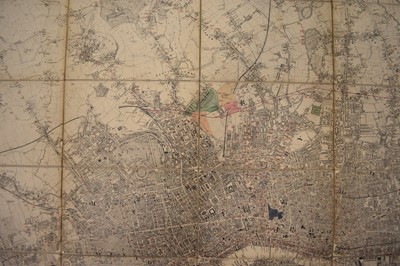 Lot 1162 - MAP OF LONDON and its Environs. James Wyld circa 1850. 1220mm by 1290mm. Dissected on linen. Scale 3.625 inches to a mile. Marked with levels taken by order of the Commissioner of Sewers