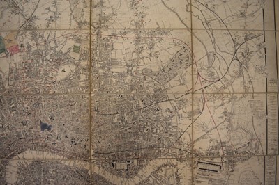 Lot 1162 - MAP OF LONDON and its Environs. James Wyld circa 1850. 1220mm by 1290mm. Dissected on linen. Scale 3.625 inches to a mile. Marked with levels taken by order of the Commissioner of Sewers
