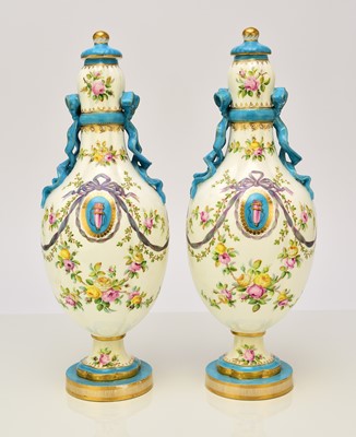 Lot 177 - A pair of Coalport ribbon vases and covers, circa 1860