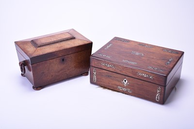 Lot 381 - A Victorian inlaid rosewood sewing box, walnut tea caddy and a rosewood tea caddy