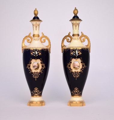 Lot 55 - Pair of Coalport landscape vases and covers, circa 1900