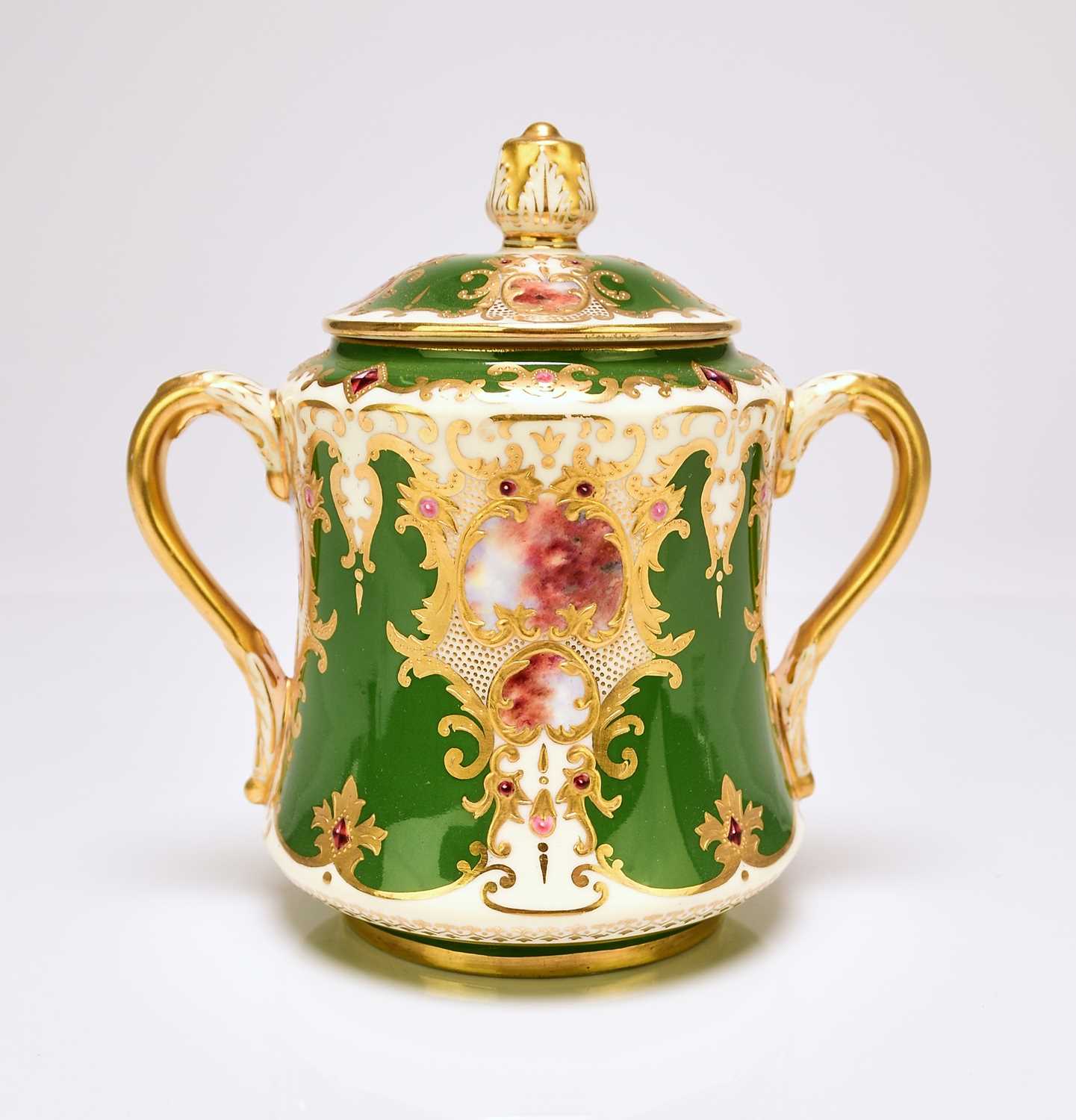 Lot 204 - Coalport agate twin-handled tea caddy or sugar box, circa 1900-10