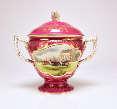 Lot 219 - A Coalport Pains Lane Races trophy cup and cover, 1853