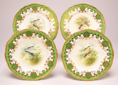 Lot 227 - Set of four Coalport dessert plates painted with fish by Percy Simpson, early 20th century