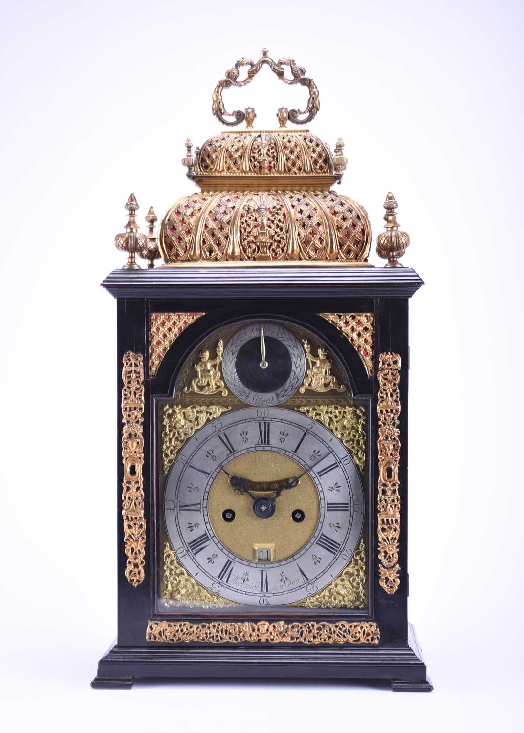 Lot 320 - A fine and rare early 18th century ebonised quarter repeating double basket top bracket clock