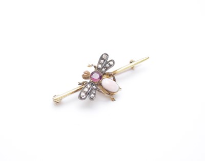 Lot 127 - A rose cut diamond, garnet and untested coral insect bar brooch