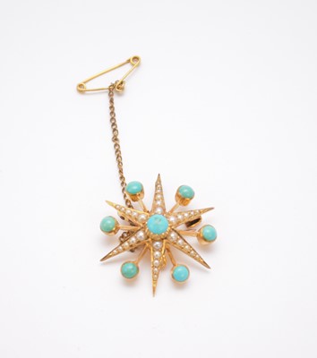 Lot 288 - A late 19th / early 20th century turquoise and split seed pearl set star burst brooch/pendant