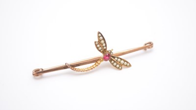 Lot 166 - An untested red spinel and split seed pearl set Dragon fly bar brooch