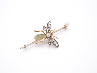 Lot 199 - A late 19th century rose cut diamond, cats eye chrysoberyl, pearl and ruby set insect brooch