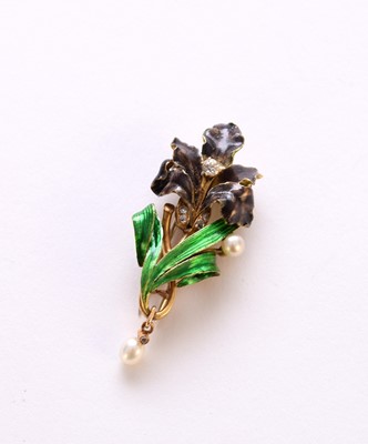 Lot 209 - A diamond, seed pearl and enamel flower brooch