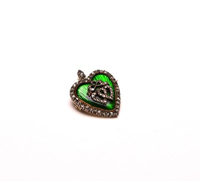 Lot 301 - A late 19th/early 20th century rose cut diamond and green enamel heart shaped brooch/pendant