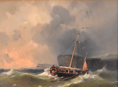 Lot 343 - Hermanus II Koekoek (1836-1909) Fishing Boat hauling catch on rough sea