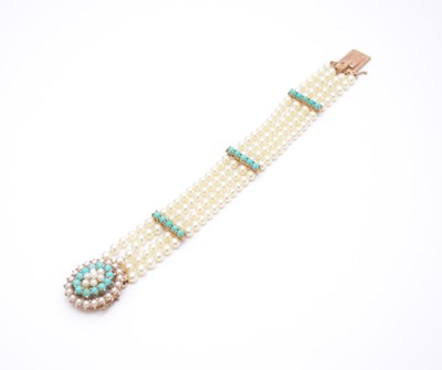 Lot 211 - A 9ct gold cultured pearl and reconstituted turquoise multi-strand bracelet