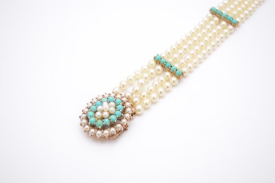 Lot 211 - A 9ct gold cultured pearl and reconstituted turquoise multi-strand bracelet