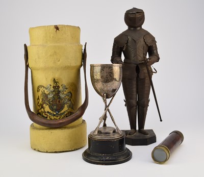 Lot 28 - Canvas cordite carrier, telescope, small suit of armour and a trophy cup