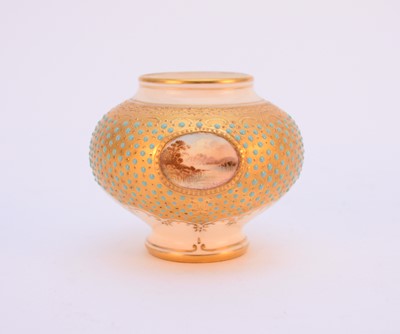 Lot 104 - A small Coalport 'jewelled' landscape vase, early 20th century