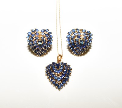 Lot 163 - An untested sapphire cluster heart shaped pendant on chain and matching earrings