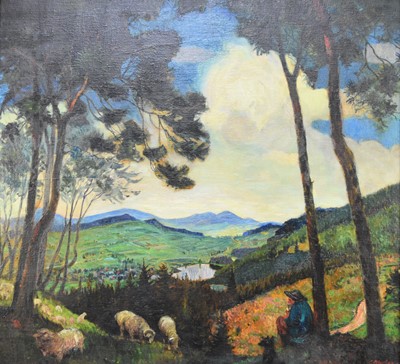 Lot 453 - Carl Hachez (German 1880-1958) Shepherd and flock in an extensive landscape