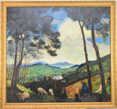 Lot 453 - Carl Hachez (German 1880-1958) Shepherd and flock in an extensive landscape