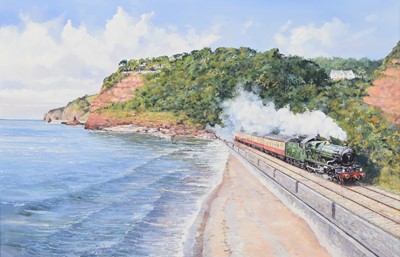 Lot 458 - British School (20th Century) Steam Train travelling along a coastal railroad