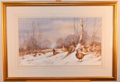 Lot 323 - Neil Cox (b.1950) Group of Pheasants in a Snowy Woodland Landscape