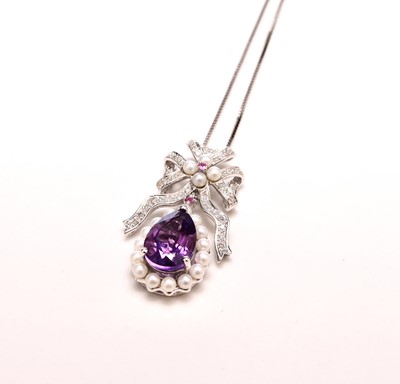 Lot 229 - A pear shaped amethyst, seed pearl and diamond pendant on chain