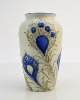 Lot 202 - William Moorcroft 'Peacock Feather' salt-glaze vase, circa 1934