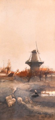 Lot 391 - Clara Montalba (1842-1929) Dutch Landscape with Windmill