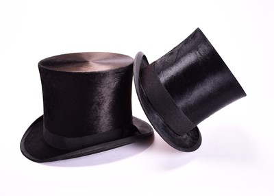 Lot 433 - Two black silk top hats, boxed