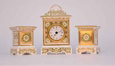 Lot 262 - Royal Crown Derby 'Green Derby Panel' mantel timepiece and pair of candleholders