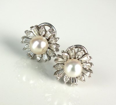 Lot 23 - A pair of cultured pearl and diamond earrings
