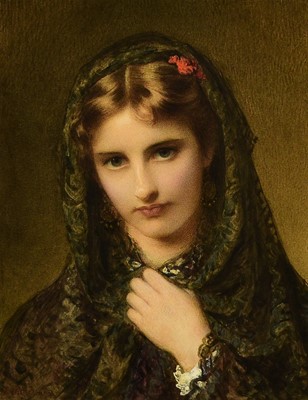 Lot 270 - Edward Tayler (1828-1906) Portrait of a Young Woman wearing a Hooded Cloak