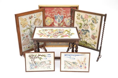 Lot 426 - A collection of various embroidered textiles including two fire screens