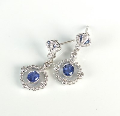 Lot 85 - A pair of Edwardian style 18ct white gold sapphire and diamond ear pendants