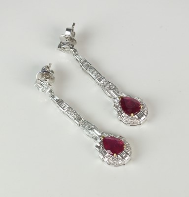 Lot 71 - A pair of mid-20th century style ruby and diamond ear pendants