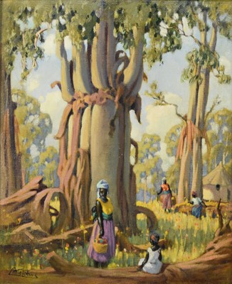 Lot 454 - John Littlejohns RBA RI (1874-1955) Figures in a Village Beneath Boab Trees