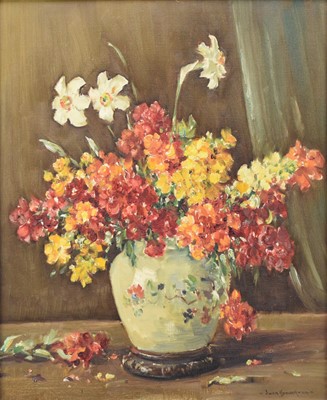 Lot 469 - Owen Bowen (1873-1964) Still Life Study of Wall Flowers and Daffodils in a Cream Vase