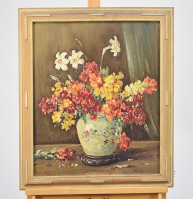 Lot 469 - Owen Bowen (1873-1964) Still Life Study of Wall Flowers and Daffodils in a Cream Vase