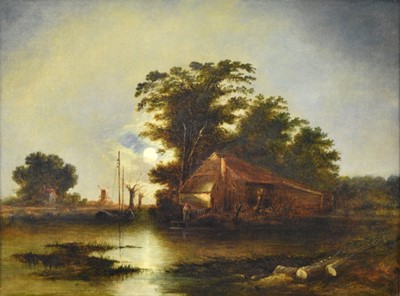 Lot 463 - Attributed to William Henry Crome (1806-1867) Moonlit River Landscape with Barn and Windmill