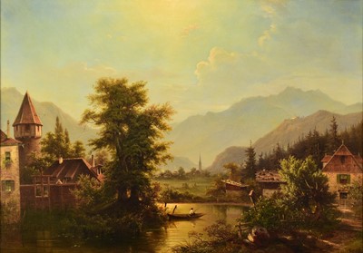 Lot 91 - Herman Ludwig Seefisch (German 1816-1879) Alpine Waterside Town