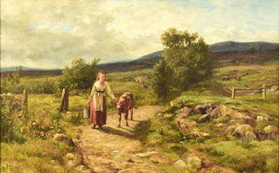 Lot 296 - Attributed to James Hamilton (Scottish 1853-1894) Young Girl leading a Calf down a Country Track