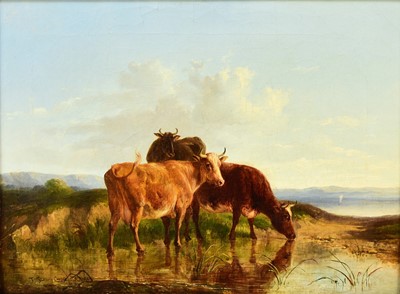 Lot 290 - Thomas Sidney Cooper RA (1803-1902) Three Cows Watering in a Dune Landscape