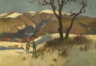 Lot 431 - Antal Neogrady (1861-1942) Hunters in a Winter Landscape