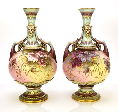 Lot 170 - A pair of Royal Worcester prismatic enamel vases, circa 1890