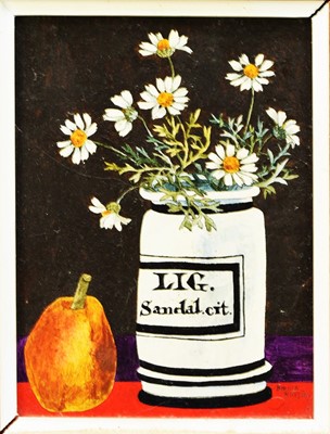 Lot Brenda King (1933-2011) Still Life, Drug Jar with Daisies and a Pear