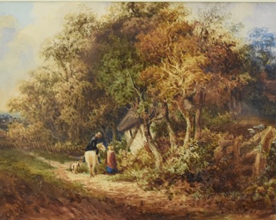 Lot 371 - Attributed to David I Cox (1783-1859) Horse and Rider talking to a cloaked woman on a country track